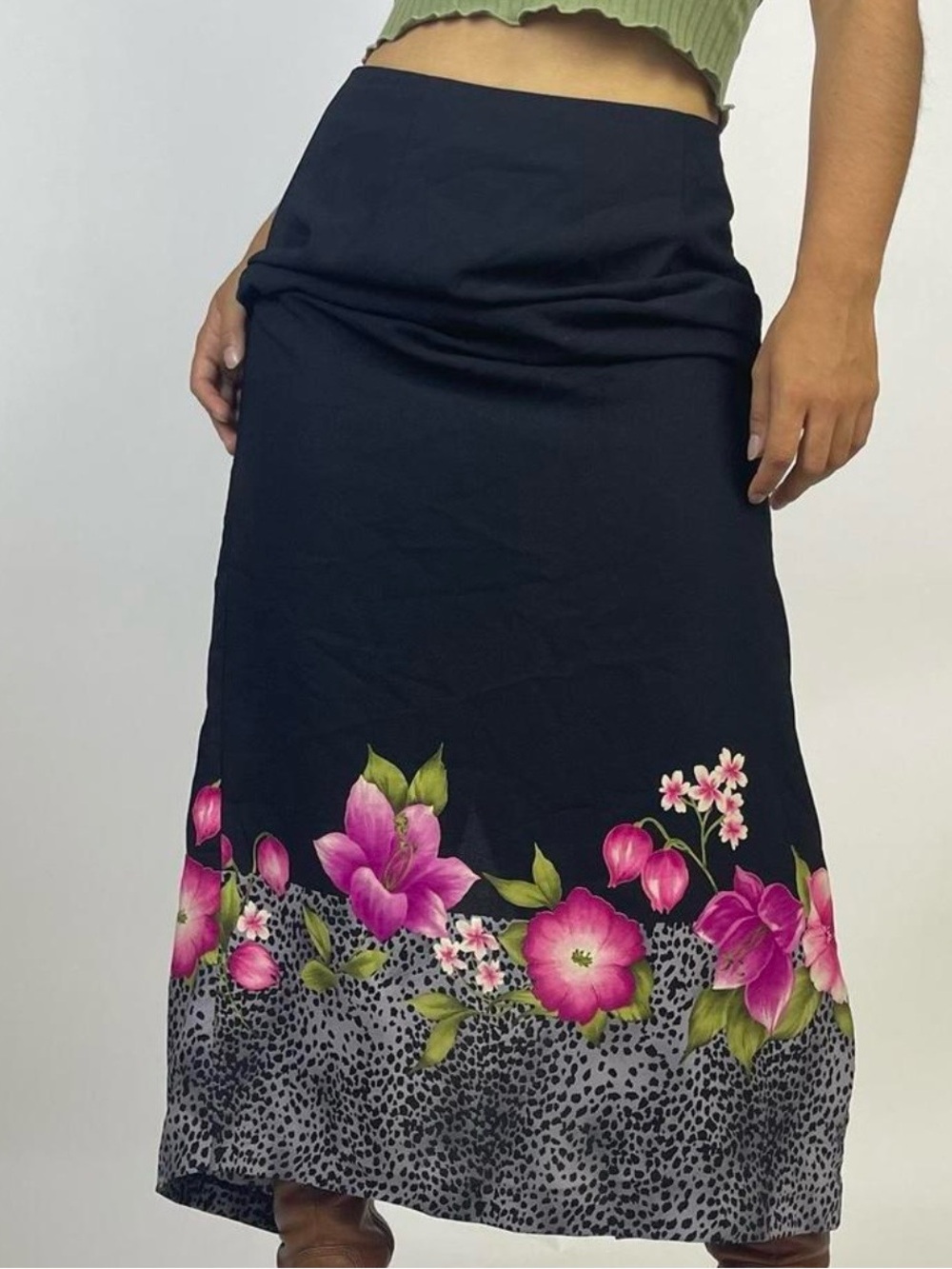AGB Black Maxi Skirt with Pink Floral Border
